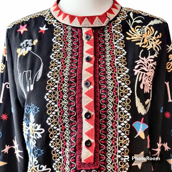 Coruja Womens Black Allover Colorful Embroidered 1/2 Button L/S Tunic Top M - Picture 4 of 12